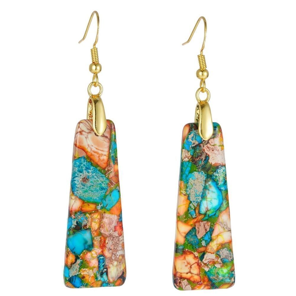 18K Yellow Gold with Natural Imperial Blue Orange Jasper Stone Hook Earrings